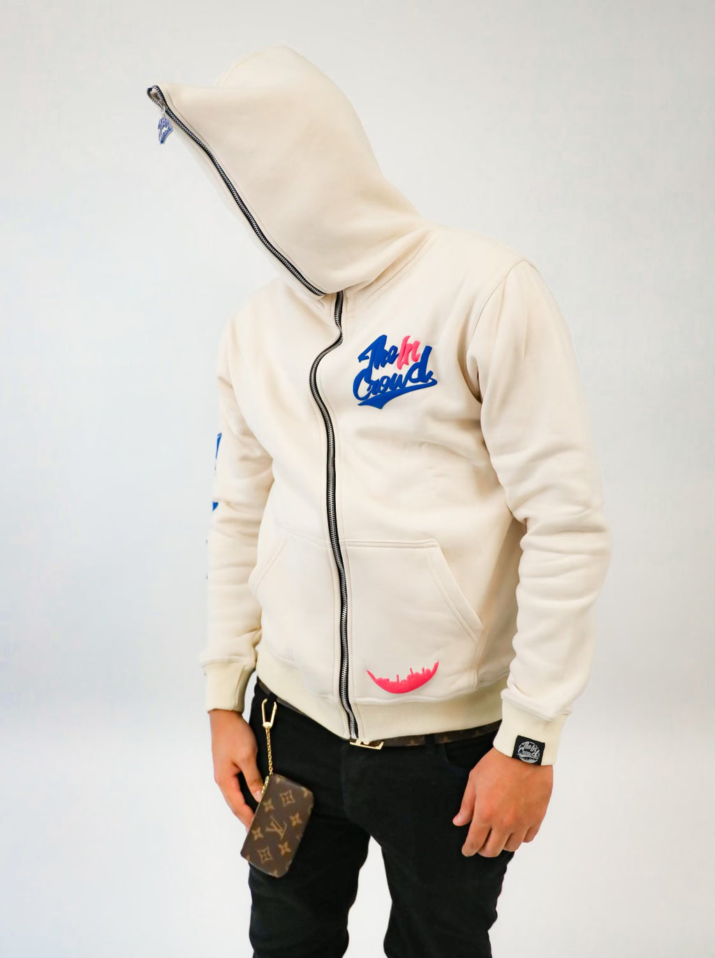 Cream unisex Full zip puff print hoody