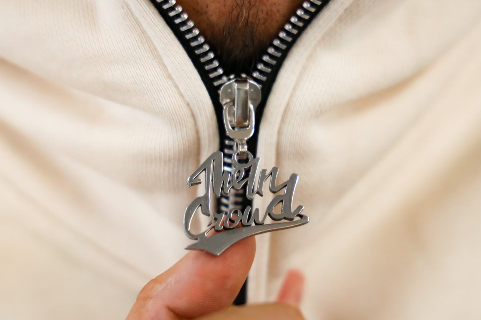 Cream unisex Full zip puff print hoody